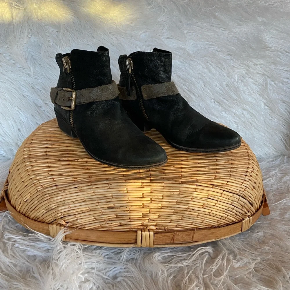 Black Distressed Leather Ankle Booties with Buckle Detail